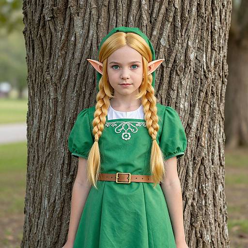 Photograph of a young girl with long blonde braids, green elf costume, pointed ears, standing against a tree trunk in a park.