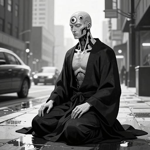 Black-and-white digital artwork of a cybernetic, humanoid figure with a robotic head, sitting on a city street, wearing a loose robe. Cars