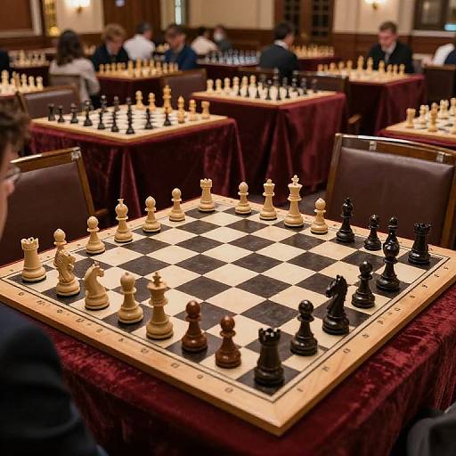 Photograph of a chess tournament with multiple tables, black and white pieces, red velvet tablecloths, and blurred players in background.