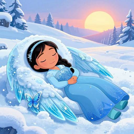 Digital illustration of a sleeping Inuit girl with blue ice wings, snow-covered headpiece, and blue dress, surrounded by snow, a blue butterfly,