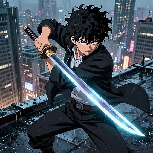 Anime-style drawing of a curly-haired, black-clad young man with piercing eyes, wielding a glowing sword, standing on a rainy rooftop against a neon
