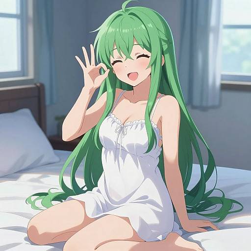 Playful Green-Haired Girl in Nightgown