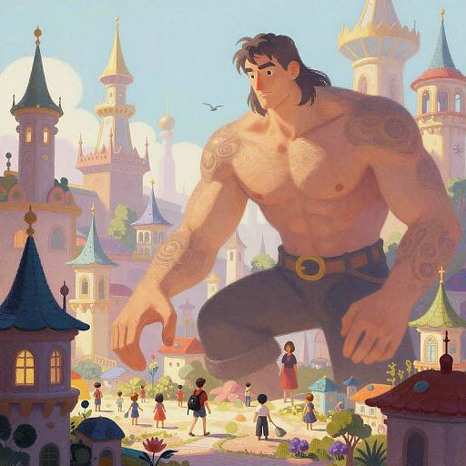 Giant Man in Whimsical Cityscape