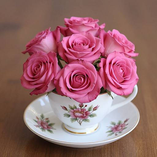 Photograph of a white floral-patterned teacup holding a bouquet of vibrant pink roses, set on a matching saucer, against a dark wooden