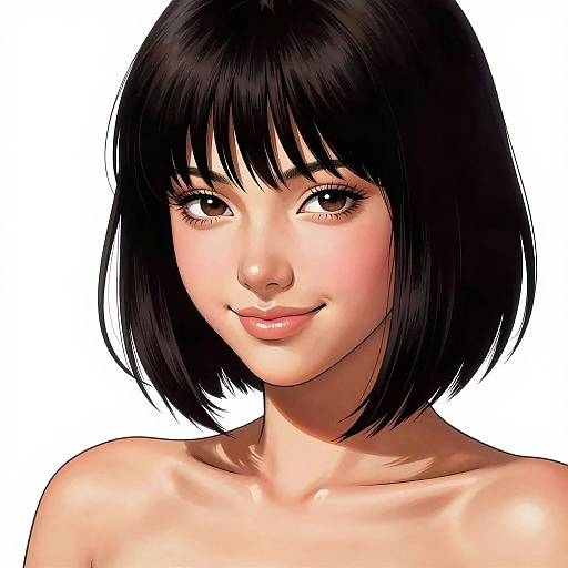 Digital anime-style portrait of a smiling young woman with black bob hair, large brown eyes, fair skin, and bare shoulders.
