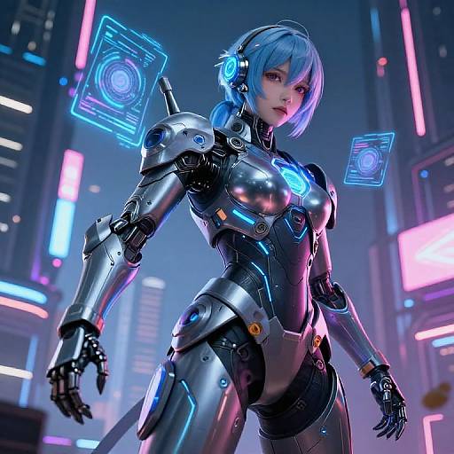 CGI image of a blue-haired, cybernetic woman with glowing blue accents, metallic armor, and neon cityscape background, featuring floating holographic