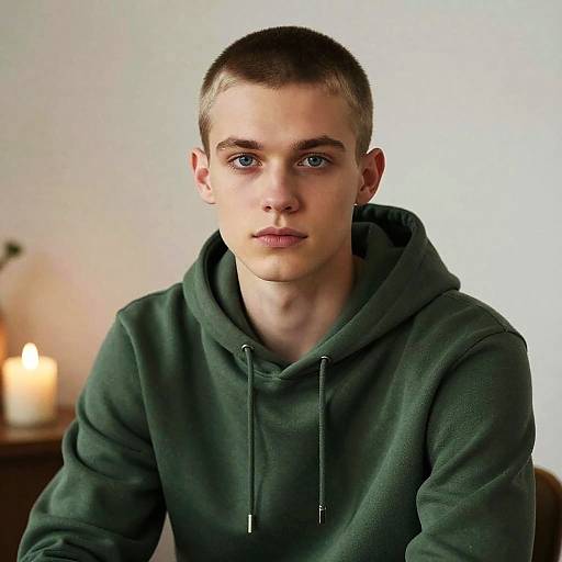 Photograph of a young, fair-skinned, short-haired boy with blue eyes, wearing a dark green hoodie, sitting indoors with softly lit candles in