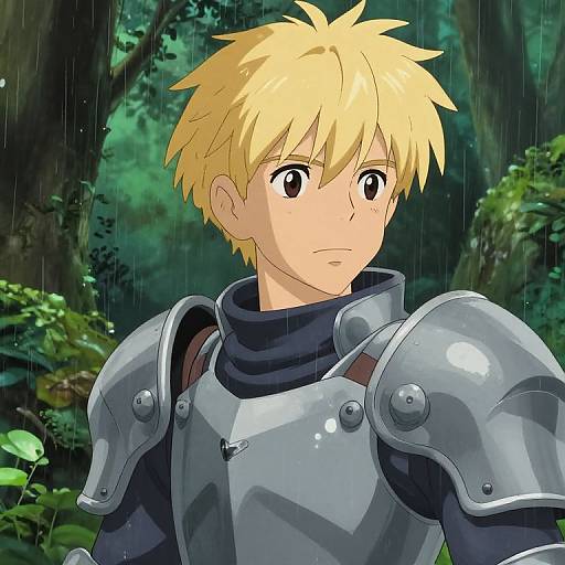 Anime-style digital drawing of a blonde-haired young man with large eyes, wearing shiny silver armor, standing in a rainy forest.