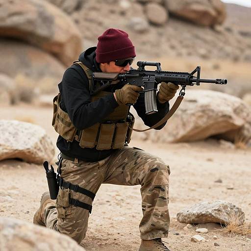 Soldier aiming rifle in rocky desert