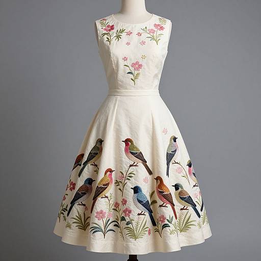 Photograph of a sleeveless, white, knee-length dress with a fitted waist, featuring colorful embroidered birds and pink flowers on a grey background.