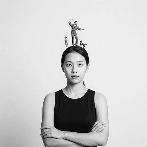 Surreal Stack of Figures on Woman's Head