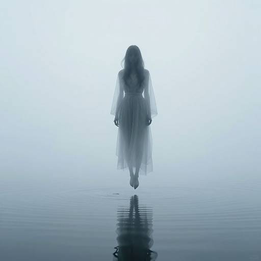 Silhouetted woman in a flowing, translucent dress walks on calm, reflective water, surrounded by a bright, ethereal white mist. Photograph.