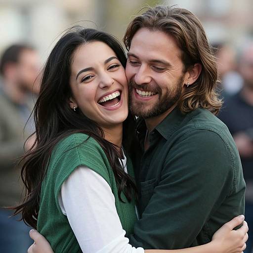 Photograph of happy couple: woman with long black hair, green vest over white shirt, hugging bearded man with shoulder-length brown hair, green