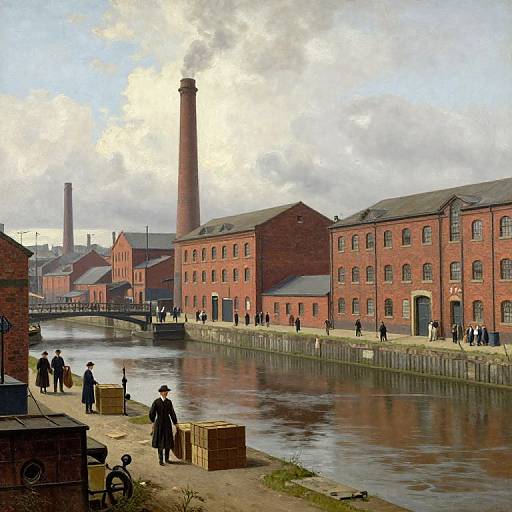 Photograph of a historical industrial riverfront with red-brick factories, tall chimneys, overcast sky, people walking along the canal, and scattered