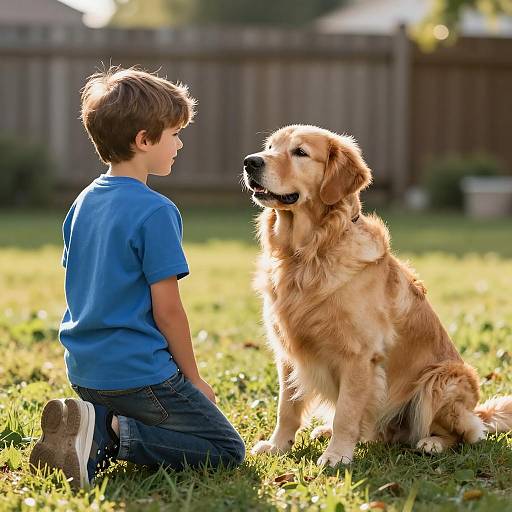 Boy Interacting with Golden Retriever Outdoors