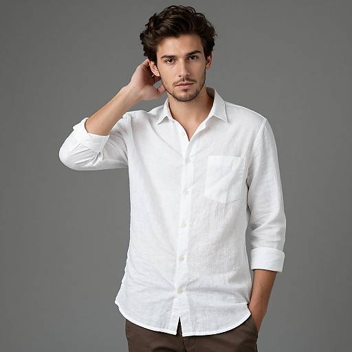 Photograph of a handsome man with curly dark hair, light skin, and a trimmed beard, wearing a crisp white button-up shirt and dark pants,