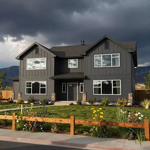 Photograph of a dark gray, two-story house with white trim, set against a dramatic cloudy sky, surrounded by a well-maintained garden and