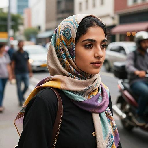 Photograph of a young South Asian woman with medium skin tone, dark hair, wearing a colorful patterned headscarf and black top, standing on