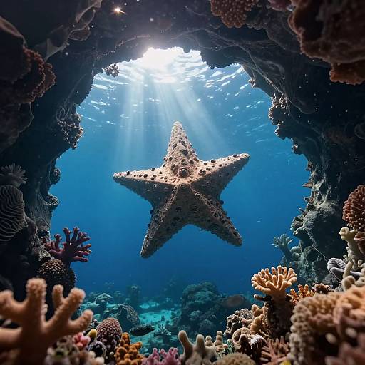 Photograph of a spotted starfish swimming in a sunlit underwater cave surrounded by colorful coral reefs and diverse sea life.