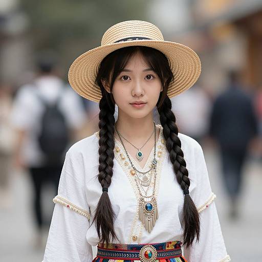 Photograph of an Asian woman with braided hair, wearing a straw hat, white traditional blouse, and ornate necklace, standing in a blurred street