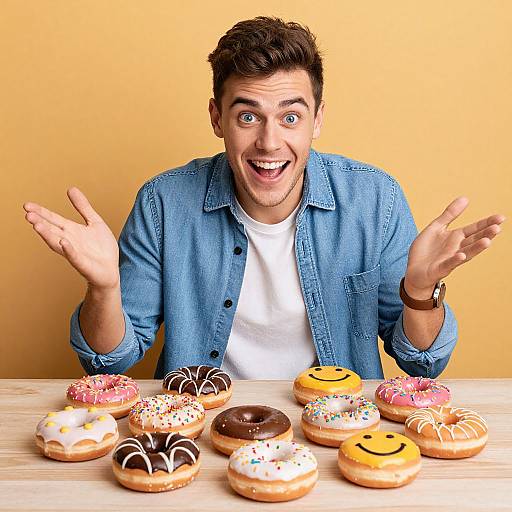 Photograph of a surprised young man with short brown hair, blue denim shirt, white tee, and wide eyes, gesturing with hands up, in