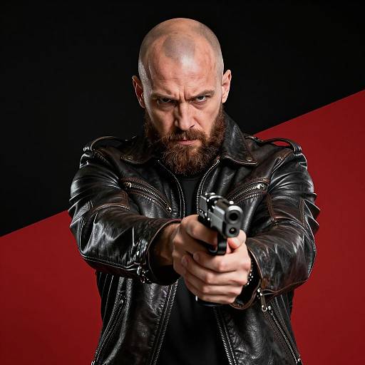 Intense Bearded Man in Leather Jacket