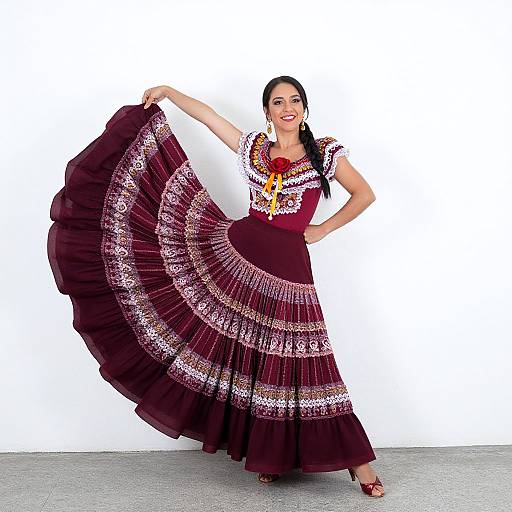 Photograph of a smiling Latina woman with dark hair, wearing a maroon and white traditional Spanish flamenco dress, holding out the wide, patterned