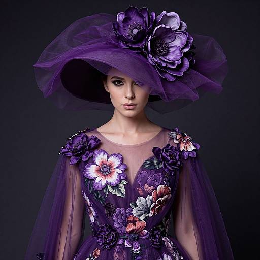 Photograph of a woman in a purple floral dress with large flowers, sheer cape, and matching wide-brim hat, set against a dark background.