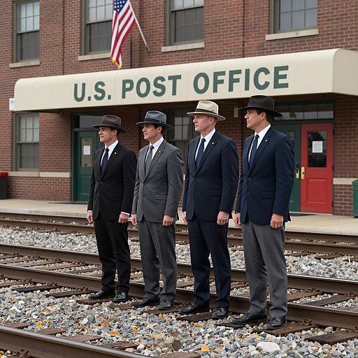 Four Men in Suits Standing on Railroad Tracks Outside U.S. Post Office