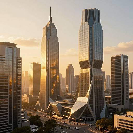 Photograph of a modern cityscape at sunset, featuring two uniquely shaped, reflective skyscrapers with geometric facades, surrounded by other tall buildings.