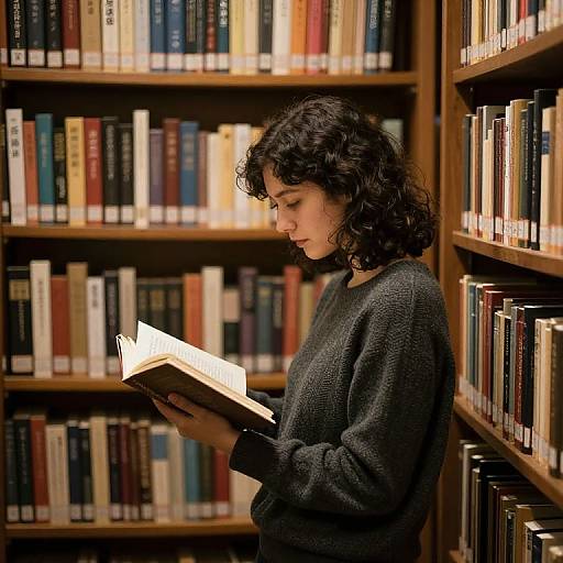 Photograph of a young woman with curly dark hair, wearing a gray sweater, reading a book in a wooden bookshelf-filled library.