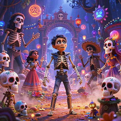 Colorful, whimsical CGI scene of a scared, skeletal boy in a worn shirt and pants, surrounded by vibrant, animated Day of the Dead skeletons
