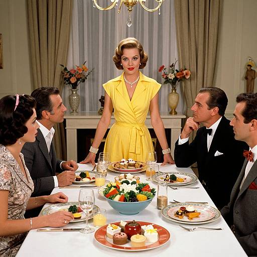 Photograph of 1950s-style dinner party: blonde woman in yellow dress stands at head, surrounded by four men and one woman in formal attire