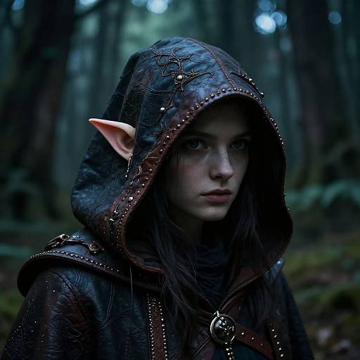 Digital artwork of a pale-skinned elf with pointed ears, wearing a dark, leather hooded cloak adorned with intricate patterns, in a mystical, forest