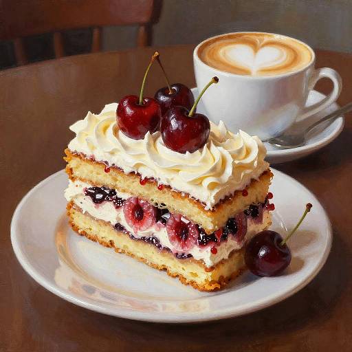 Photograph of a cherry-topped, layered dessert with whipped cream, blackberries, and cherry jam, accompanied by a latte on a white plate