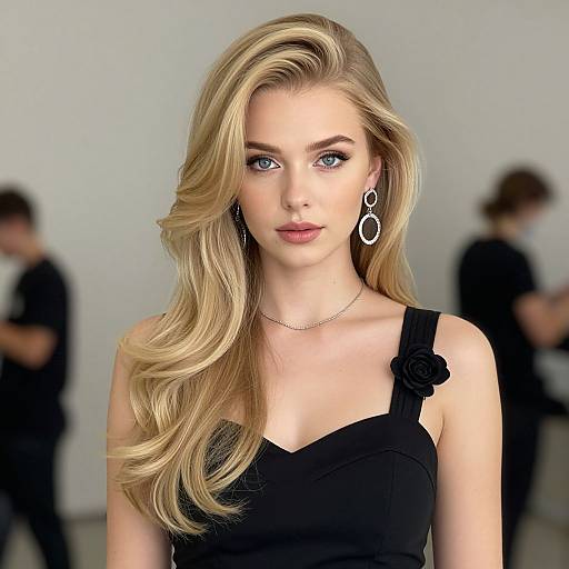 Photograph of a blonde woman with wavy hair, blue eyes, wearing a black one-shoulder dress with a rose, silver earrings, and