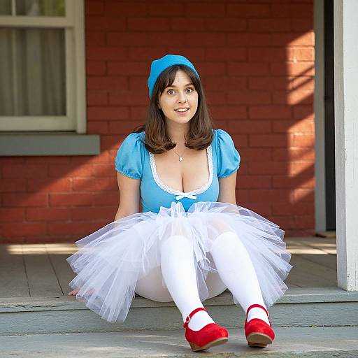 Photograph of a smiling woman with medium skin tone, dark brown hair, and blue eyes, dressed as Cinderella in a blue bodice, white