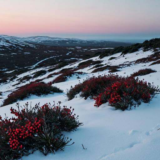 Scarlet Berries on Snow-Covered Heathland at Dusk