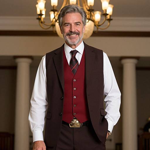 Photograph of a smiling middle-aged man with gray hair and beard, wearing a white shirt, maroon vest, black tie, and black vest,