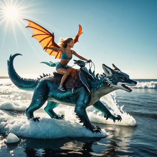 Woman Riding Fantasy Dragon on Beach
