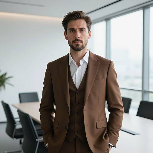 Photograph of a handsome, bearded man with dark hair, wearing a brown three-piece suit, white shirt, standing in a modern, brightly lit