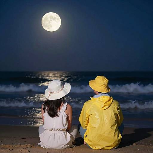 Moonlit Beach Serenity with Two Figures
