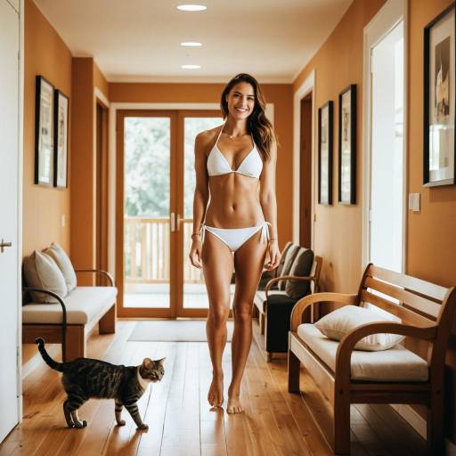 Fit Woman in White Bikini in Modern Hallway