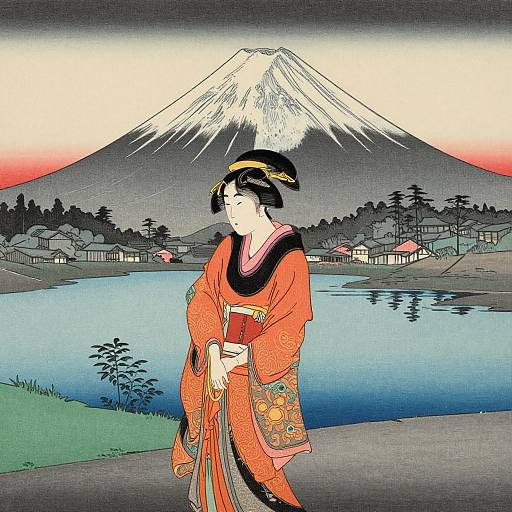 Serene Ukiyo-e Lake Scene by Asano