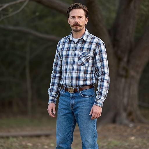 Photograph of a bearded man with dark hair, wearing a blue and white plaid shirt, blue jeans, and brown belt, standing in a