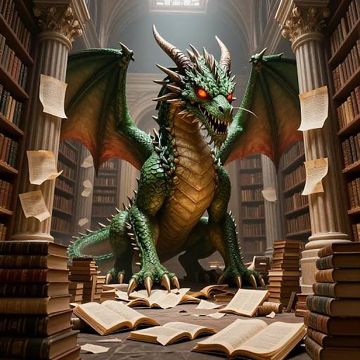 Colossal Green Dragon in Ancient Library