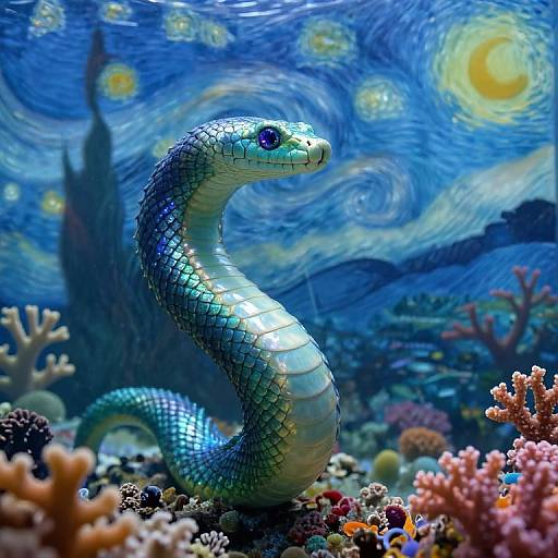 Digital artwork of a shimmering blue-green sea snake with scales, set against a vibrant underwater scene inspired by Van Gogh's 