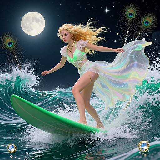 Digital artwork of a blonde woman with flowing hair, wearing a translucent, glowing white dress, surfing a moonlit ocean wave under a starry night sky