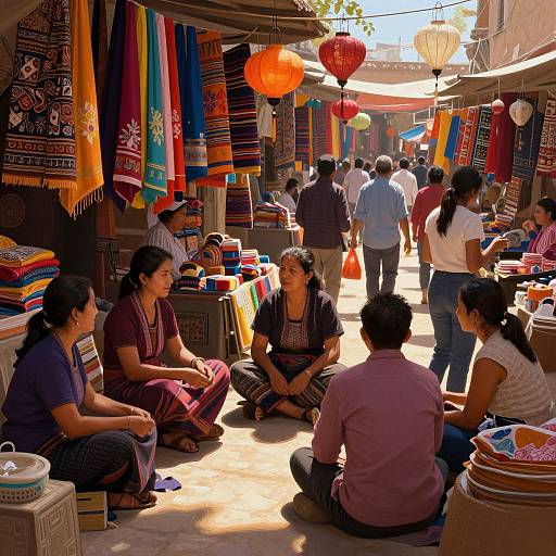 Photograph of a vibrant market stall with women in traditional attire, colorful textiles hanging, lanterns, and shoppers walking in the sunlit alley.