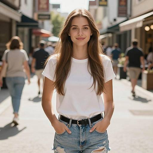 Young Woman Smiling on Sunlit Street